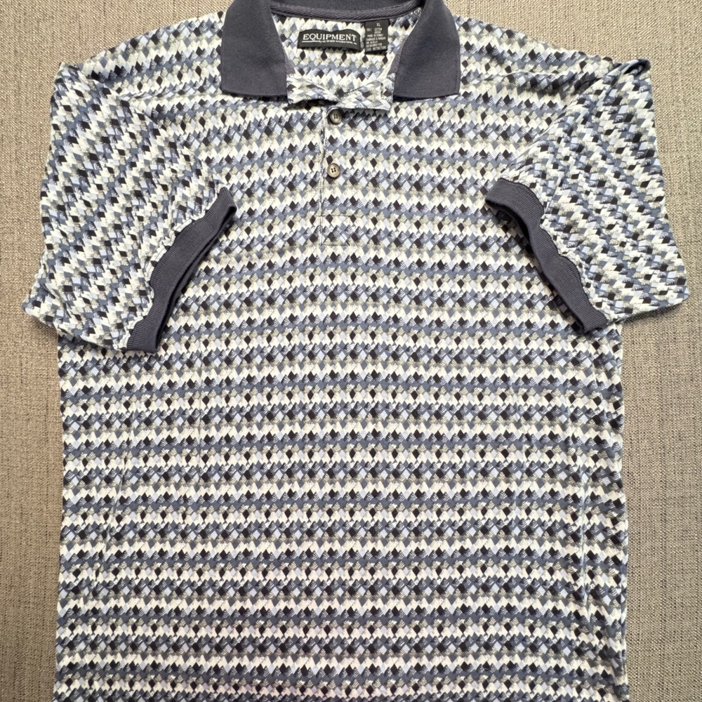 Equipment HG Design Mens XL Vintage Cotton Polo Shirt Blue Geometric Diamond